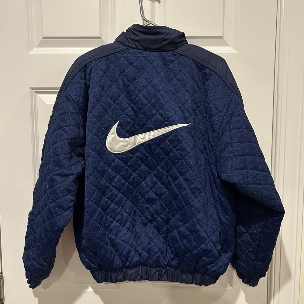 Vintage 90s Nike Quilted Bomber Jacket Teen Medium Mens S /M Big Swoosh Navy EUC